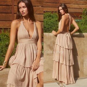 ANTHROPOLOGIE PQ Oro Kristine Halter Open Back Tiered Coverup Maxi Dress M/L NWT